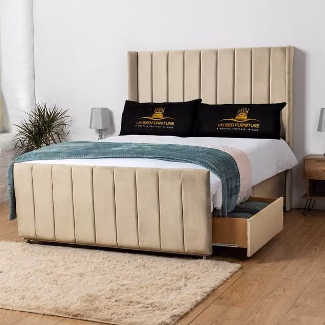 UK Bed Furniture Seoul Wingback Divan Bed with 54 Inch Headboard and 2 Drawers in Beige Velvet, Small Double, W/D/H: 120 x 200 cm