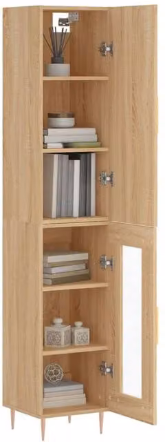 Berkfield Home Highboard in Light Oak with Glass Doors, H 180 x W 34.5 x D 34 cm