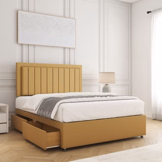 BSSPOKE Zarah King Size Divan Bed Set with 24 inch Headboard, 4 Drawers and Mattress in Mustard Plush Velvet