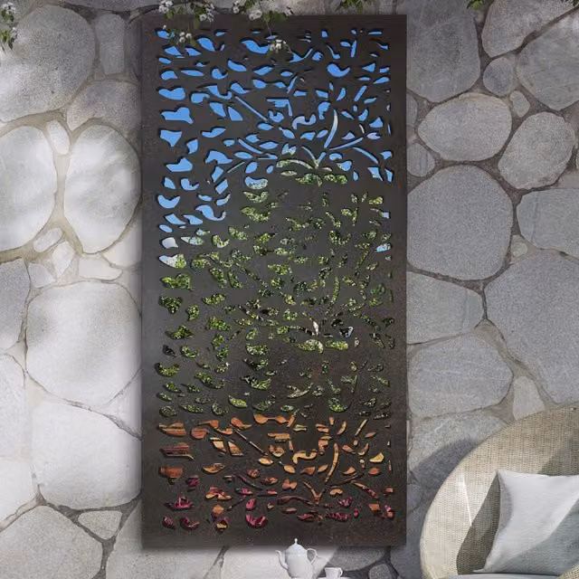 MirrorOutlet Amarelle Large Metal Leaf Design Garden Screen Mirror, Black, H 180 cm x W 90 cm