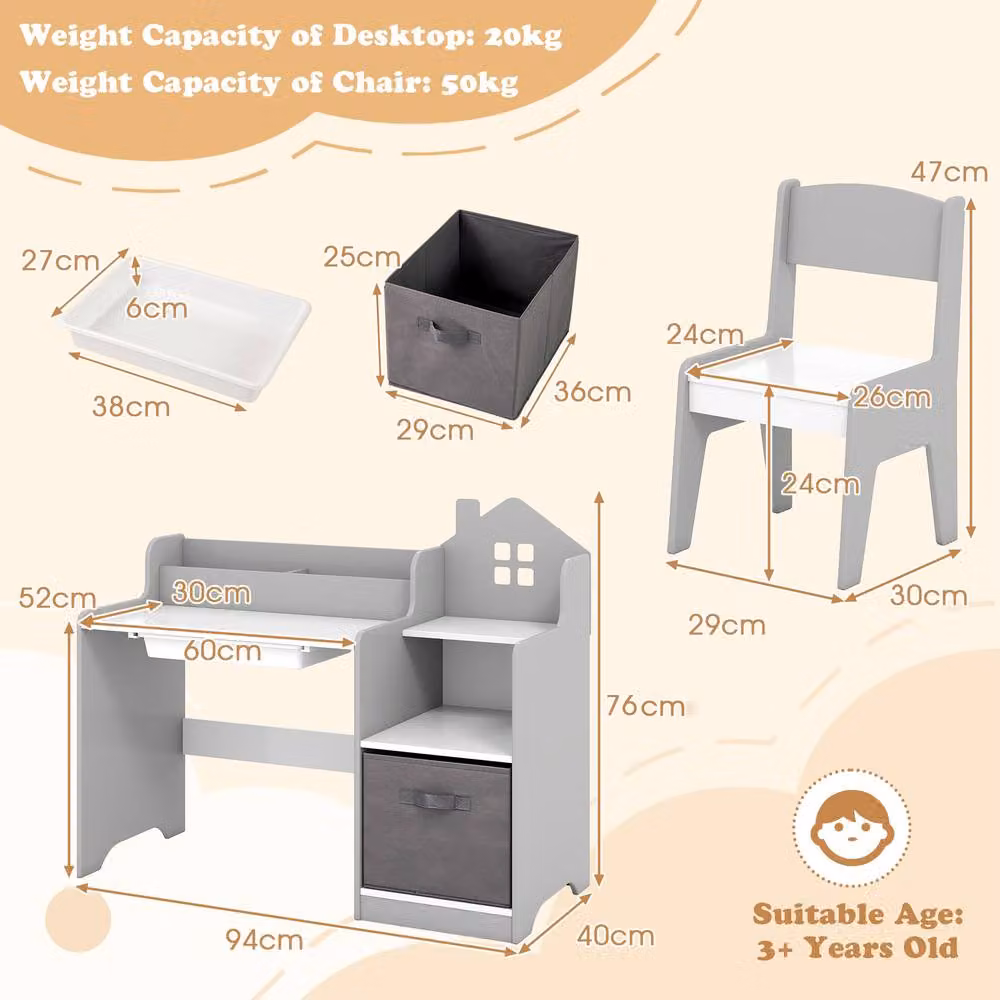Costway Kids Study Desk and Chair Set with Shelves in Grey Wood – 2