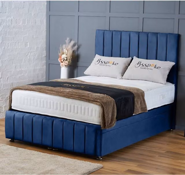 BSSPOKE Sierra Ottoman Divan Bed in Blue Plush Velvet with 54 inch Headboard, W/D/H: 140 x 200 cm