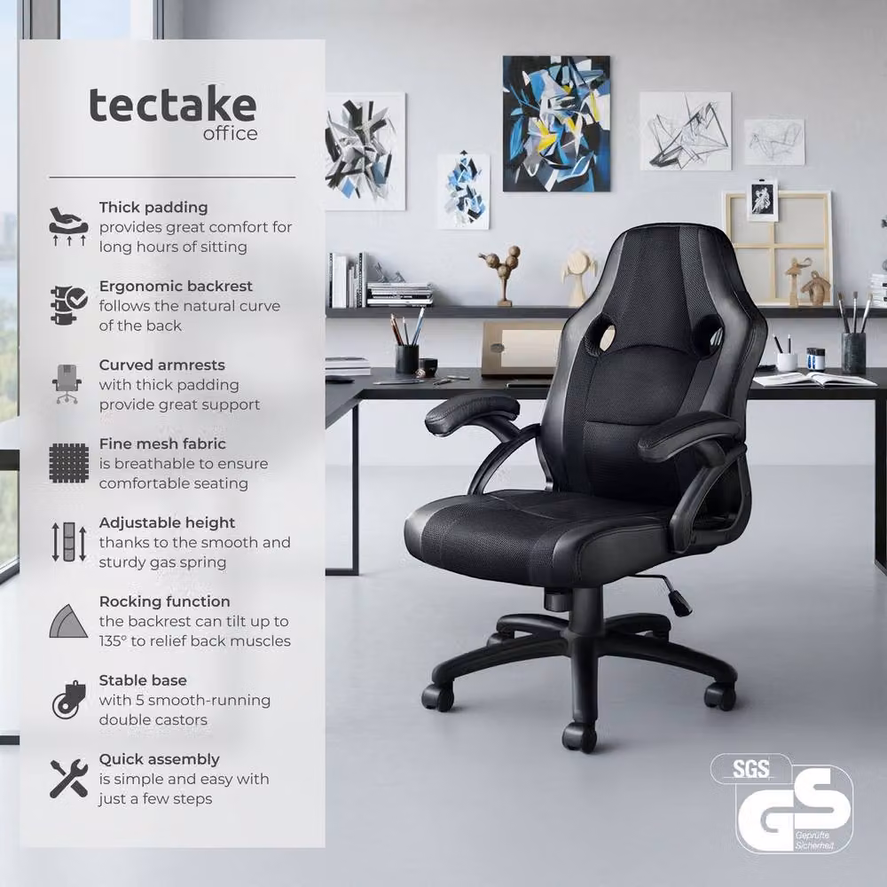 tectake Benny Gaming Chair in Black Fabric with Armrests and Swivel Function – 2