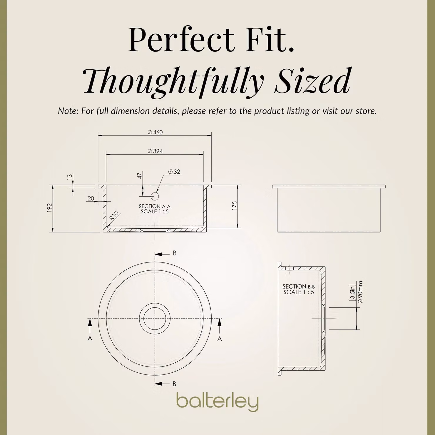 Balterley Ceramic Undermount 1 Bowl Kitchen Sink with Overflow, Dark Grey, W: 46.0 cm, D: 19.2 cm – 4