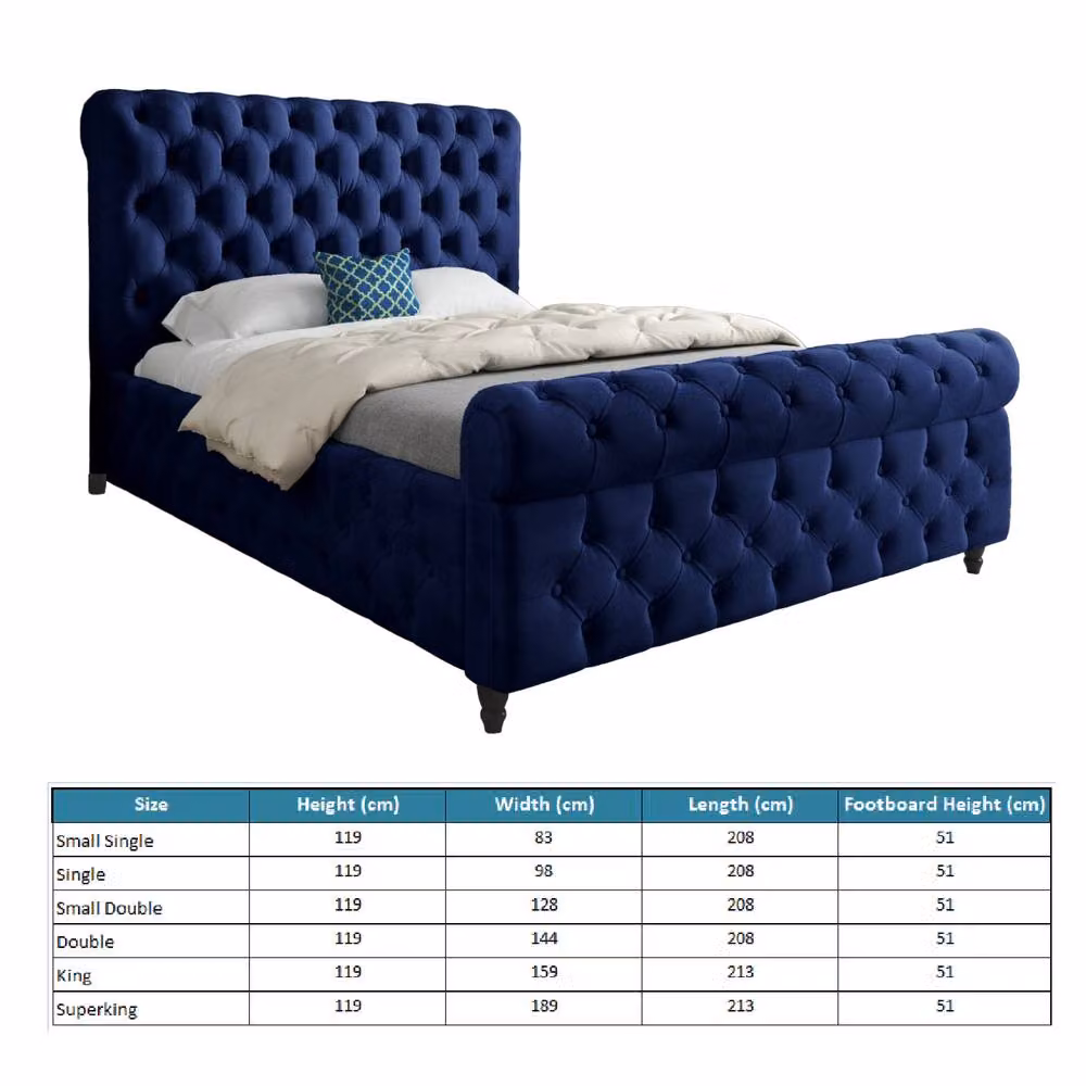 Casani Stenton Sleigh Upholstered Blue Velvet Designer Bed Frame, W: 90 cm, D: 200 cm – 5