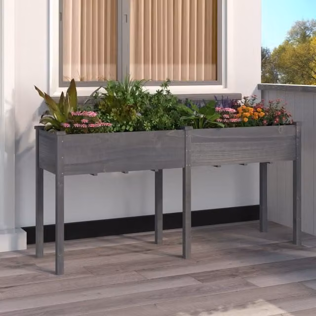 Berkfield Home Grey Solid Fir Wood Planter with Liner W/D/H: 161 x 45 x 76 cm