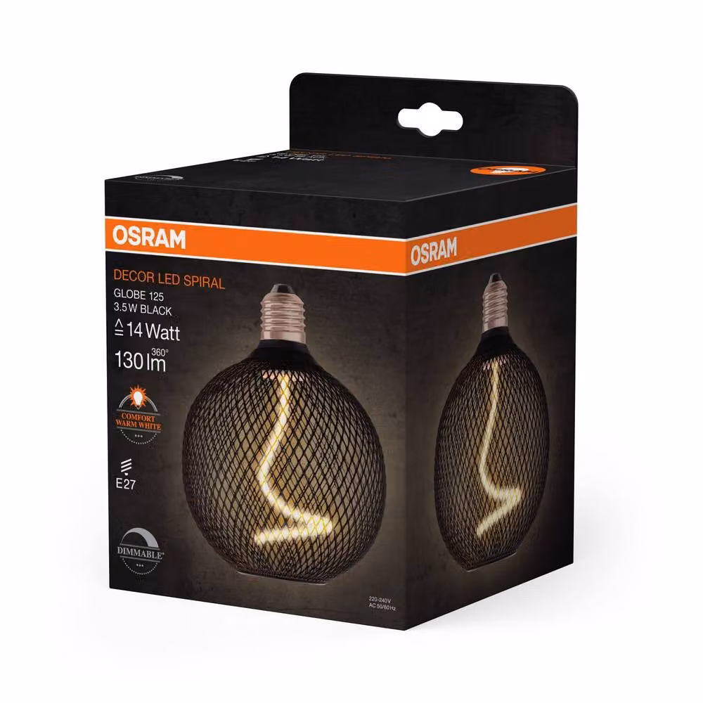 Osram Decor LED Spiral Filament Globe Lamp, Black Transparent Glass, E27, 3.5W, 130lm, Warm White, Dimmable, Diameter: 12.5 cm – 4