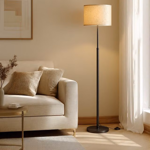 VASAGLE Adjustable Height Fabric Floor Lamp with Foot Switch, E27 Socket, Black