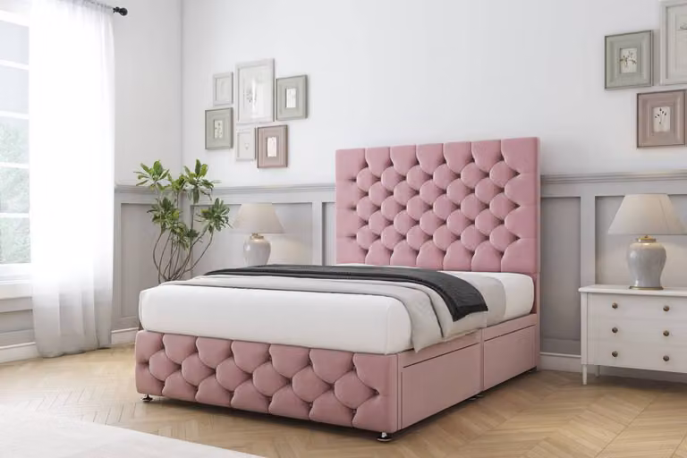 Sloomy Watson Plush Divan Set with 2 Drawers in Pink, Double Size, W/D/H: 140 x 200 x 25.4 cm