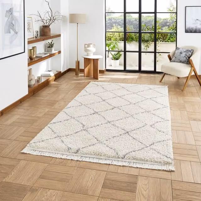Terrys Boho 5413 Moroccan Shaggy Rectangular Rug in Beige and White