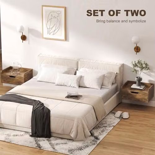 HOMCOM Set of 2 Floating Wall Mounted Nightstands in Rustic Brown – 3