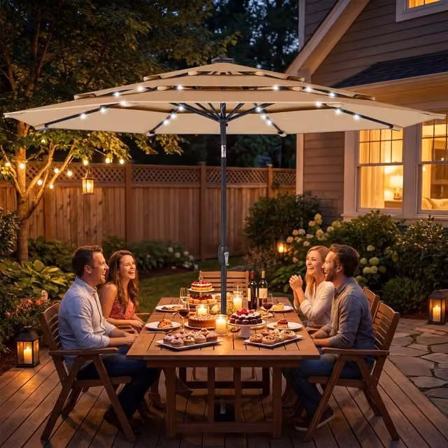 Outsunny Garden Parasol Umbrella with Light and Cover, Khaki