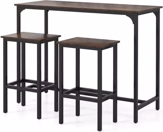VOGREX 3-Piece High Top Rectangular Pub Dining Set in Brown Walnut Finish – 1