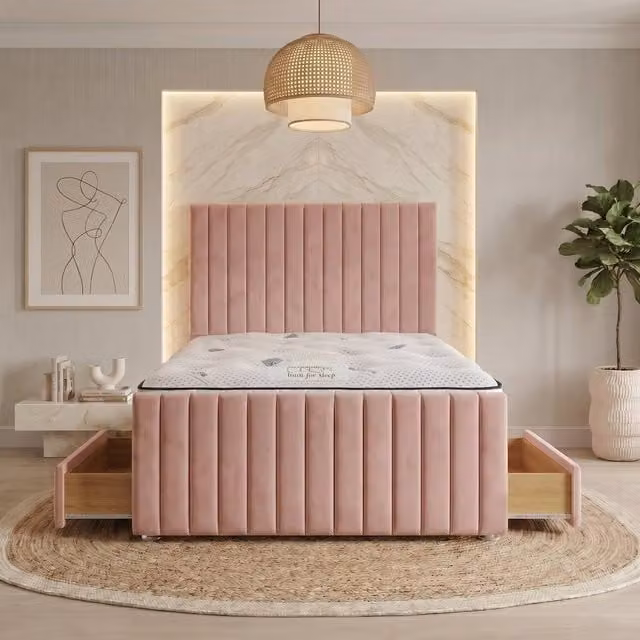 Somnior Eleanor Pink Velvet Divan Bed with 4 Drawers, Hybrid Mattress, 54 inch Headboard and 22 inch Footboard, W/D/H: 200 x 200 cm, Super King Size