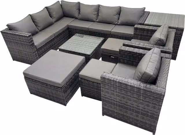 Fimous 11-Seater Rattan Garden Furniture Set in Grey with L-Shape Corner Sofa, Ottoman, 3-Seater Sofa and Coffee Table
