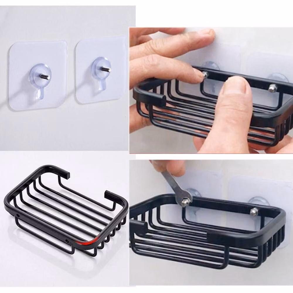 VOGREX Black Aluminium Bathroom Soap Dish with Suction and Drainage – 3