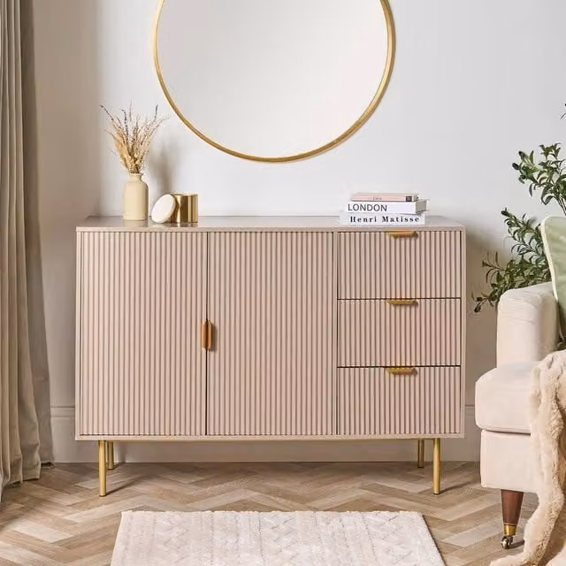 OHS Modern Ribbed Sideboard Cabinet with Drawers and Shelves in Sand Beige