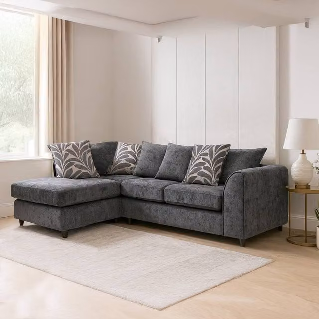 Furnishings For Less UK Zina Grey Chenille Fabric L-Shaped Corner Sofa, Left Hand Facing, 3-4 Seater – 1