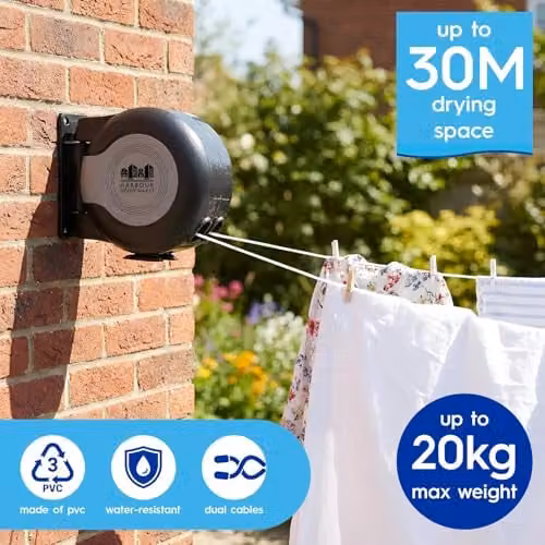 Harbour Housewares Retractable Dual Cord Washing Line in Black, 2 x 15m UV-Resistant PVC Clothesline – 2
