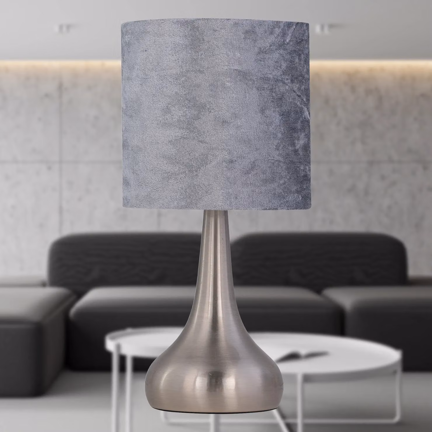 First Choice Lighting Romana Touch Table Lamp with Grey Crushed Velvet Shade in Brushed Chrome – 3