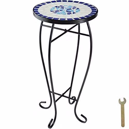 tectake Round Mosaic Side Table with Curved Steel Frame in White/Blue, W/D/H: 30 x 30 x 61.5 cm – 1
