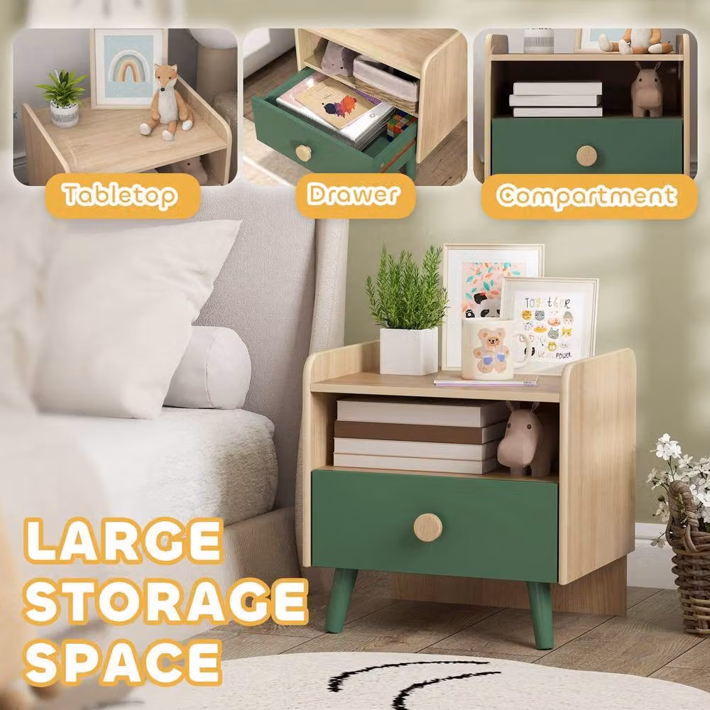AIYAPLAY Kids Bedside Table with Drawer and Open Storage Shelf, Green, W/D/H: 40.0 x 40.0 x 32.5 cm – 4