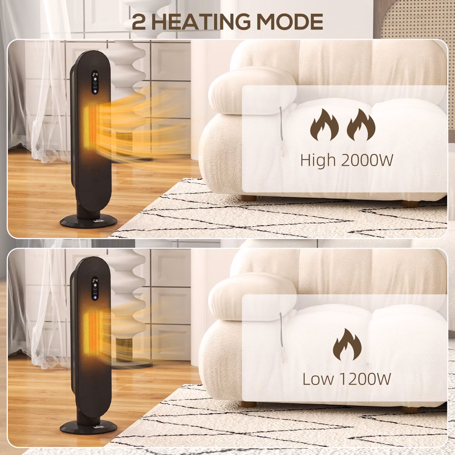 HOMCOM Black Ceramic Tower Space Heater with 2000W Power, Oscillation, Timer and Safety Protection – 6