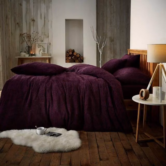 Smart Living Luxury Teddy Fleece Duvet Cover and Pillowcase Set in Aubergine Purple, Single