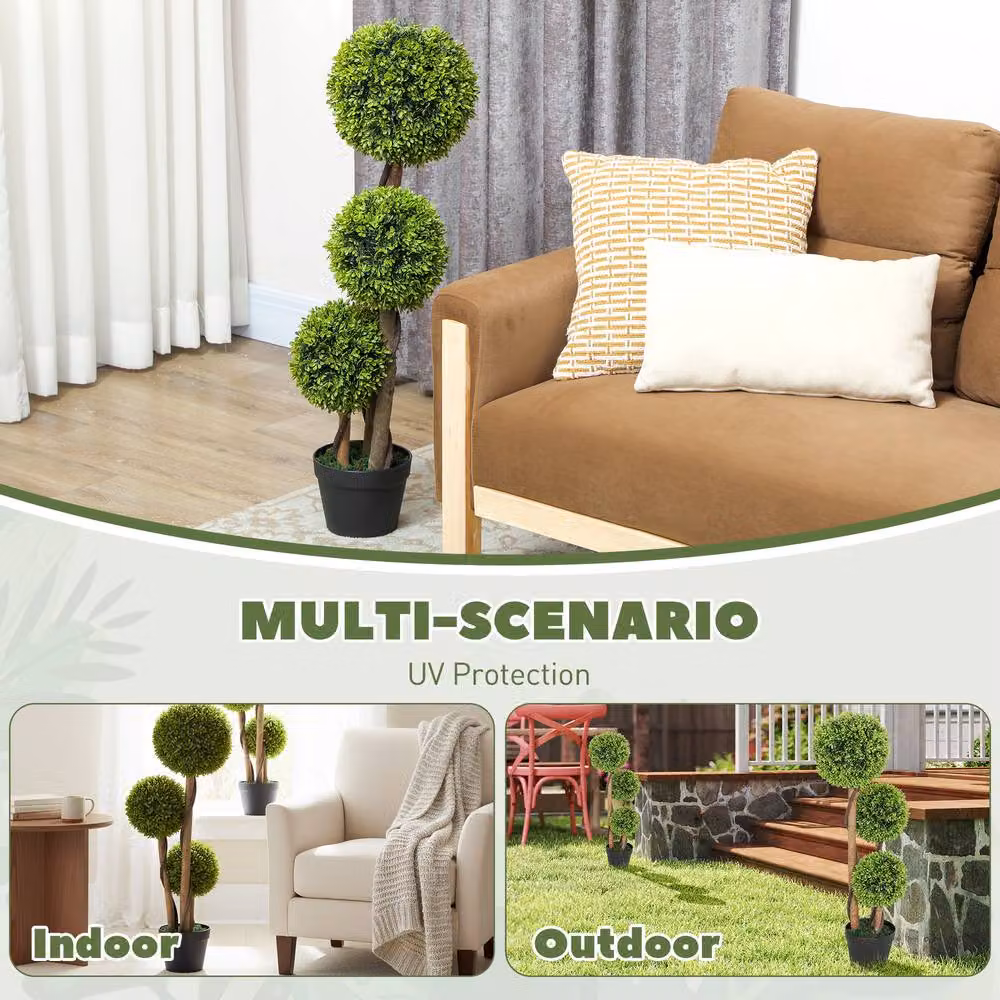 STILVORA Set of 2 Green Artificial Boxwood Tabletop Trees in Round Concrete Pots – 4