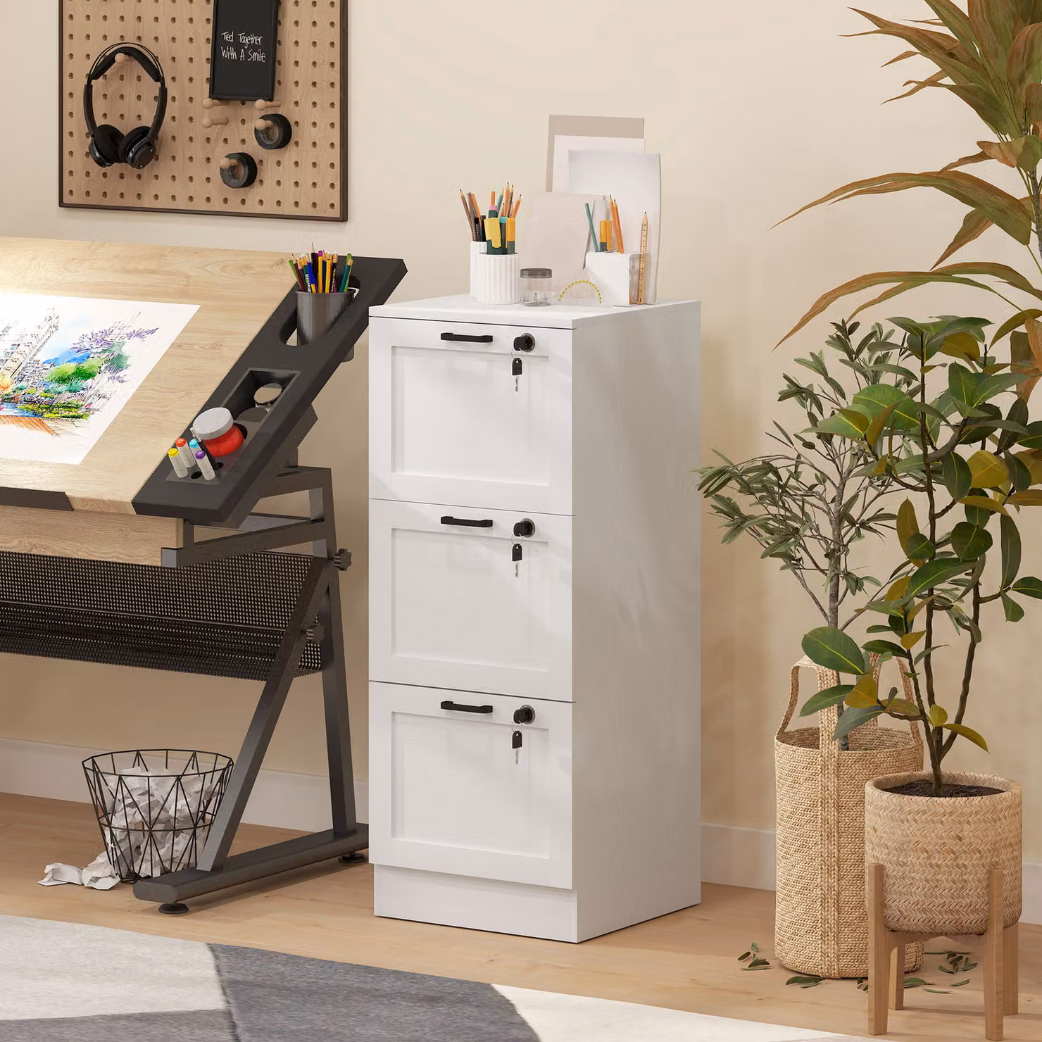 HOMCOM Modern 3-Drawer Filing Cabinet with Lock in White Matt – 3