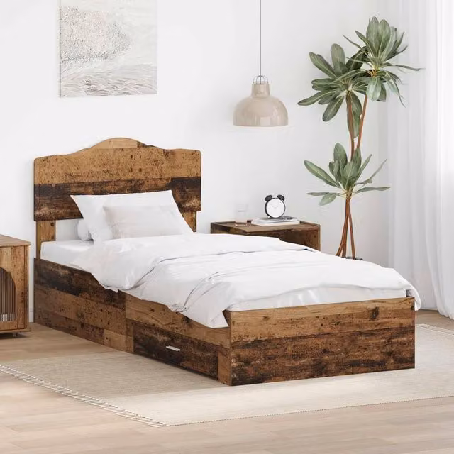Berkfield Home Bed Frame with Headboard in Old Wood Brown, W/D/H: 90 x 190 cm – 1