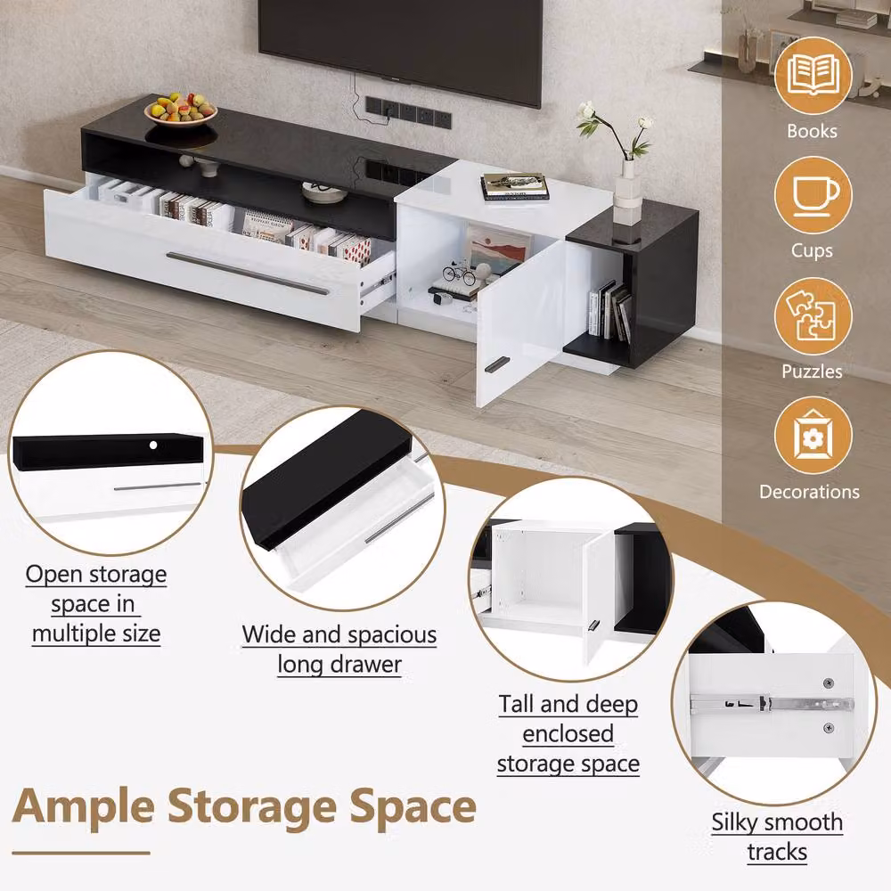 Tokpiedi Modern High Gloss Mid-Century Entertainment Center with Storage Drawer in White, W/D/H: 170 x 42 x 42 cm – 5