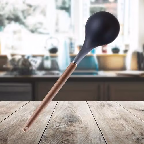 VFM Acacia Wood Heat Resistant Ladle with Non-Scratch Black Finish, Length: 30 cm – 5