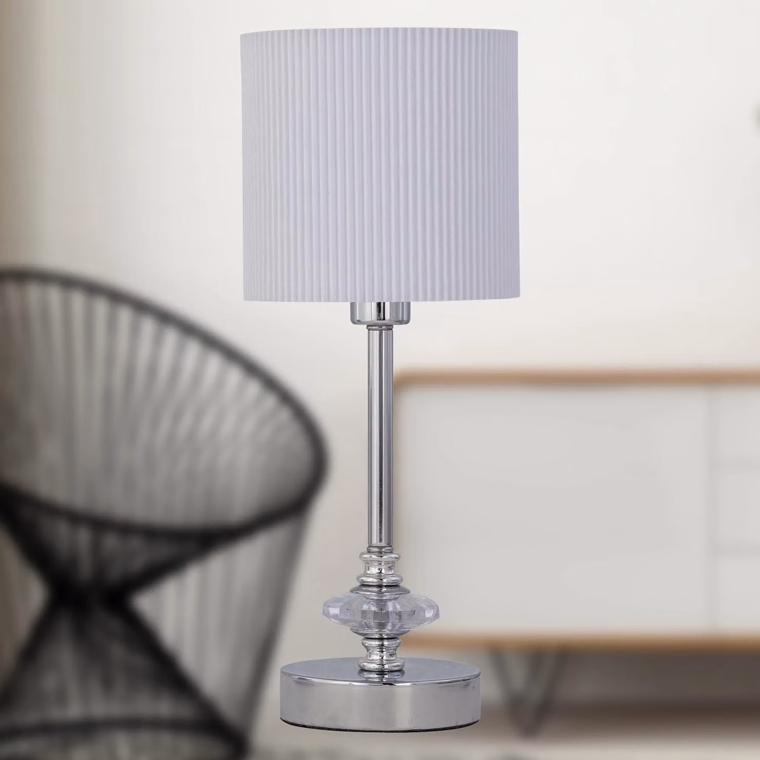 First Choice Lighting Set of 2 Chrome Jewelled Table Lamps with White Fabric Pleat Shades in Silver – 2