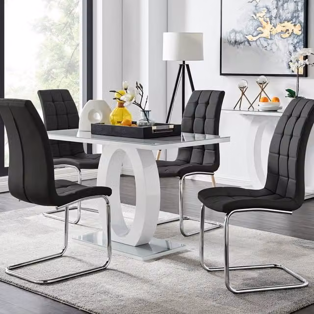 FurnitureboxUK Giovani Modern High Gloss and Glass Rectangular Dining Table with 4 Murano Chairs Set in Black, Grey and White