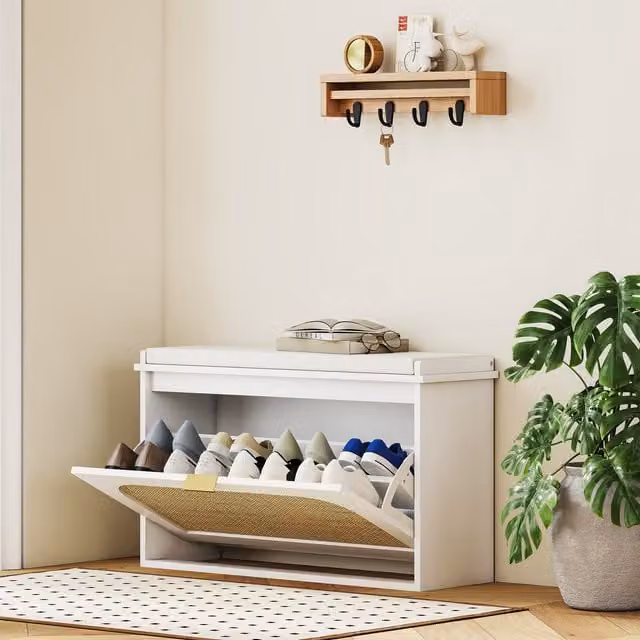 HOMCOM Boho White Shoe Bench with Padded Fabric Seat and Rattan Flip-Drawer, Width: 80 cm