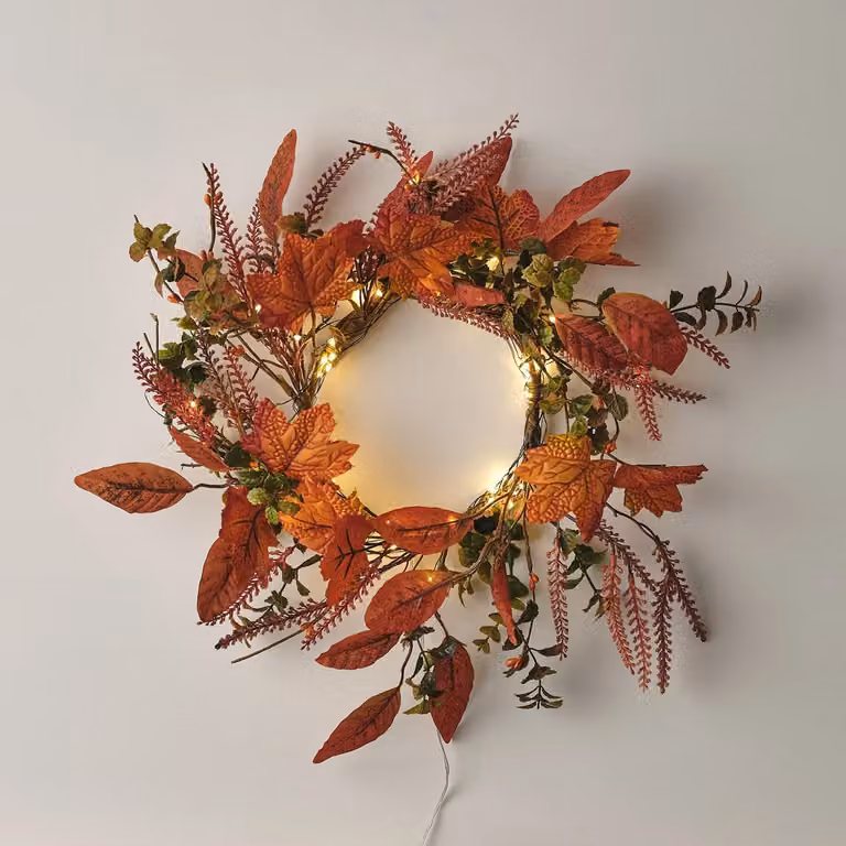 Lights4fun Autumn Maple Leaf Wreath with Micro Lights in Orange, Brown and White, Diameter: 40 cm