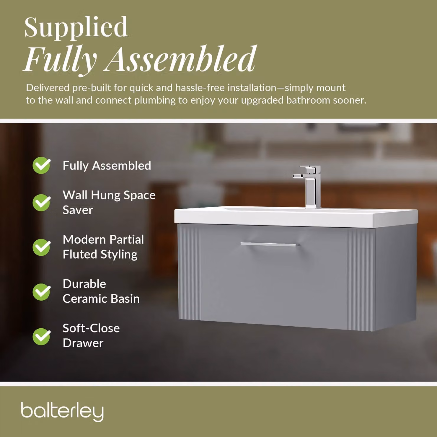 Balterley Wall Hung 1 Drawer Vanity Unit with Mid-Edge Basin, Satin Grey, Width: 80 cm – 3