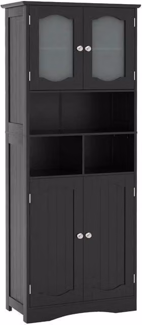 Kelvenix Freestanding Black Matt Bathroom Cabinet with Glass Doors, Height: 148 cm, Width: 30 cm – 1