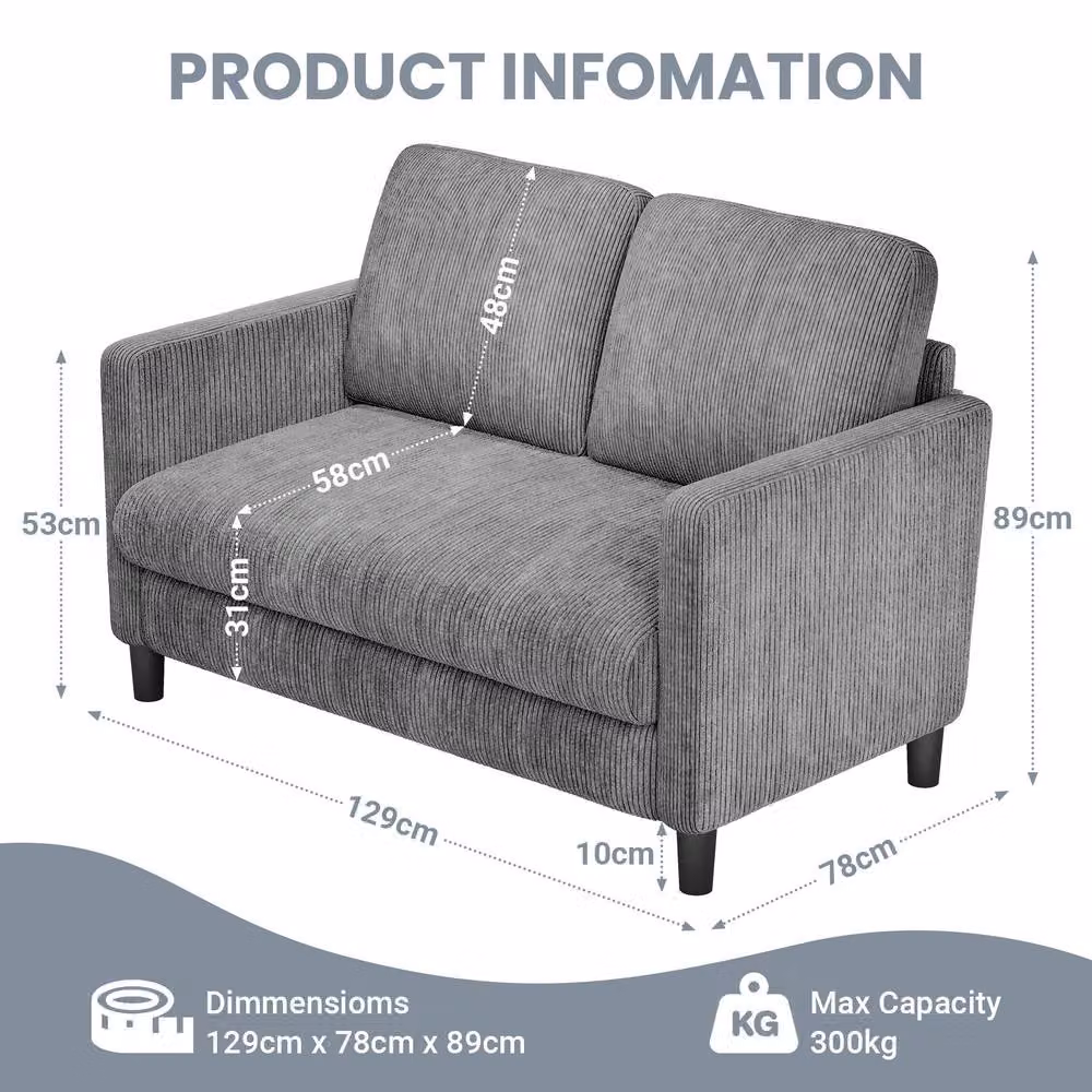 Dprodo Grey Corduroy Small Sofa Loveseat, Width: 129 cm – 2