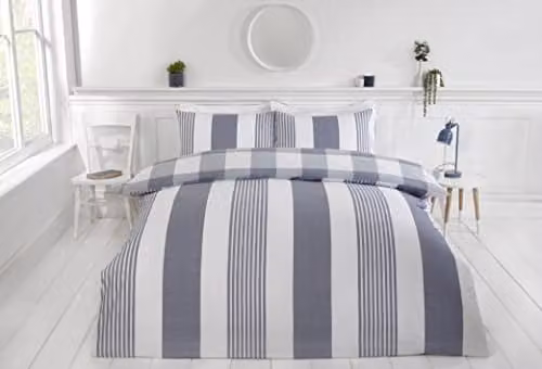 Rapport Home Chambray Stripe Reversible Duvet Cover and Pillowcase Set, Blue, Single (Duvet Cover: 135 x 200 cm, Pillowcase: 50 x 75 cm)
