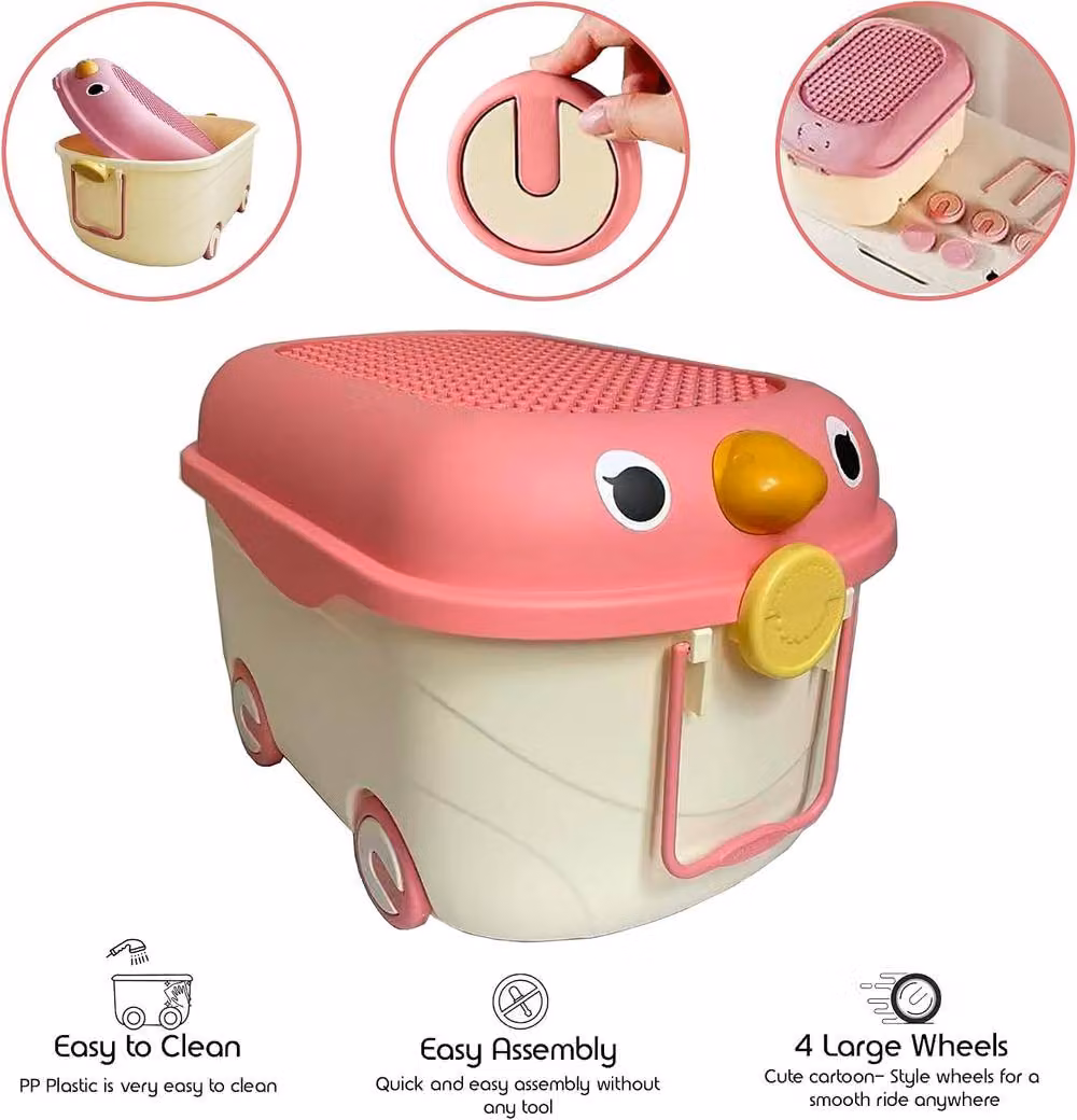 ATEK Toy Storage Organizer Box with Wheels, 45L Pink Kids Bin for Playroom and Bedroom Organisation – 3