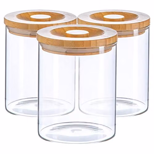 Argon Tableware Scandi Airtight Glass Storage Jars with Solid Wood Lids, 0.75 l, 3 Pack, Transparent – 1