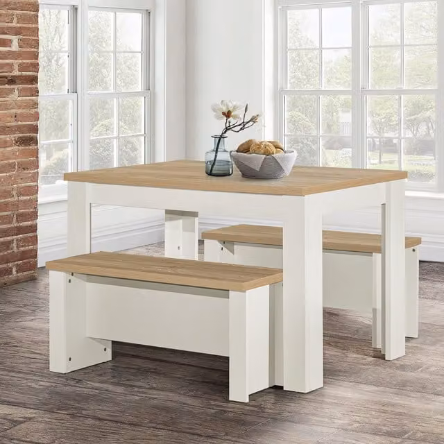 Birlea Classic Rectangular Dining Table and Bench Set in Cream and Oak