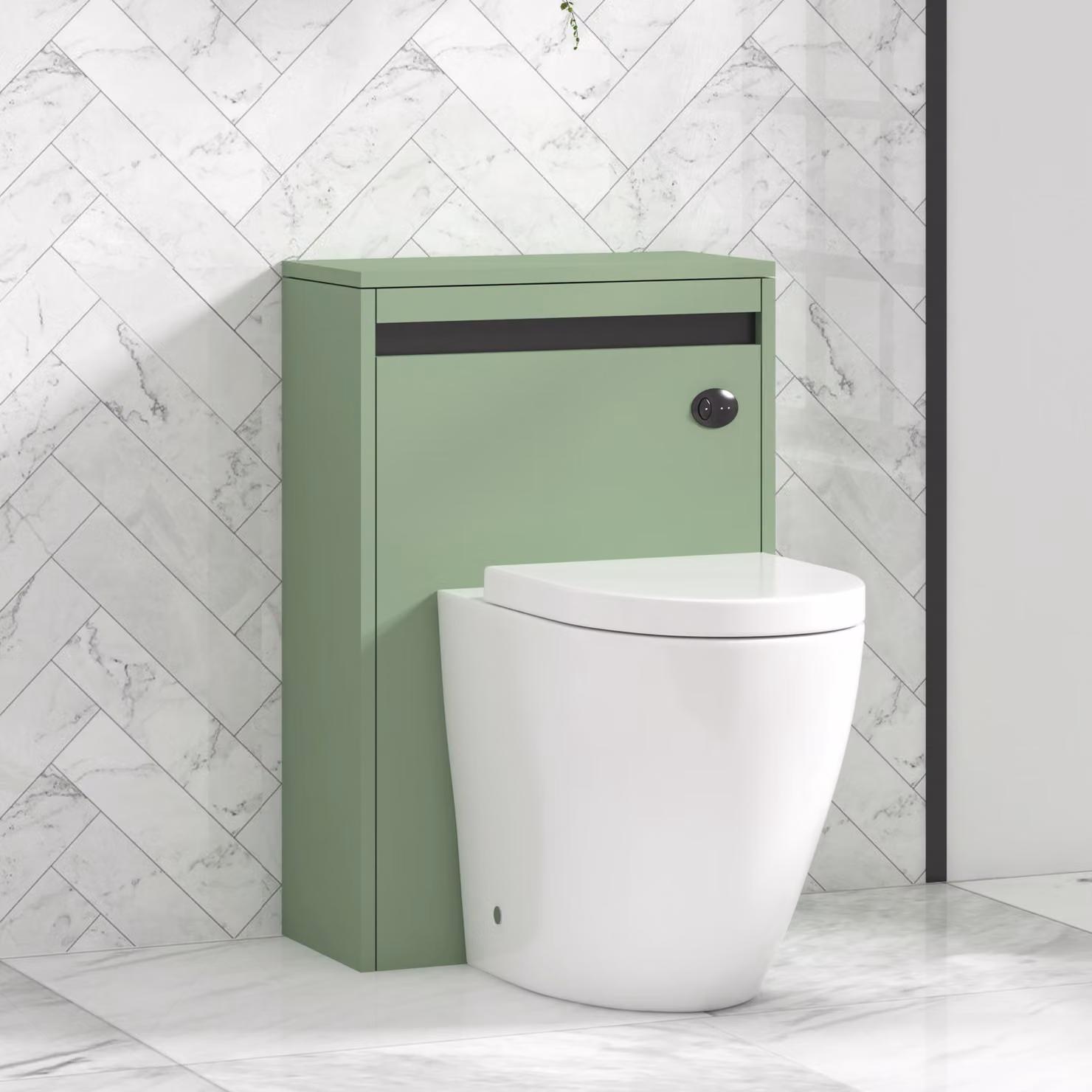 Royal Bathrooms Orion 540mm Mint Sage WC Unit with Elva Rimless Short Projection Toilet Pan, Seat and Cistern with Black Accent Trim