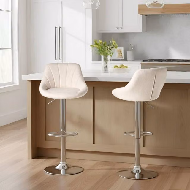 Wyld and Coco Set of 2 Modern Swivel Bar Stools in Light Beige Fabric with Silver Metal Base – 1