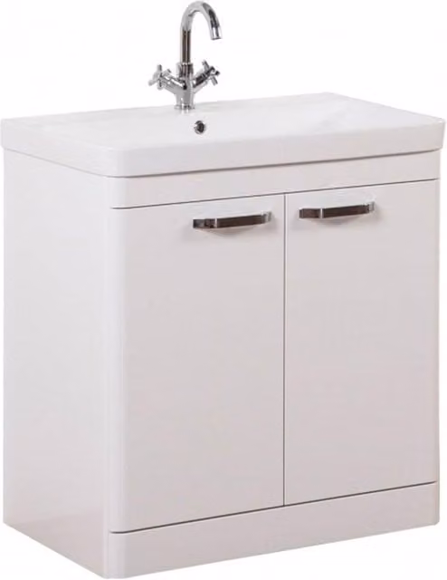 Clifton White Gloss 2 Door Freestanding Bathroom Standing Unit with White Basin, W: 80 cm, H: 84 cm, D: 46 cm