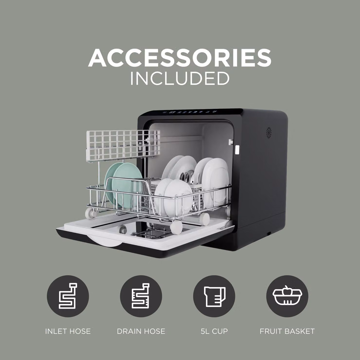 DMD Collective Mini Countertop Dishwasher in Black with 5L Built-In Water Tank and 6 Wash Programmes – 4