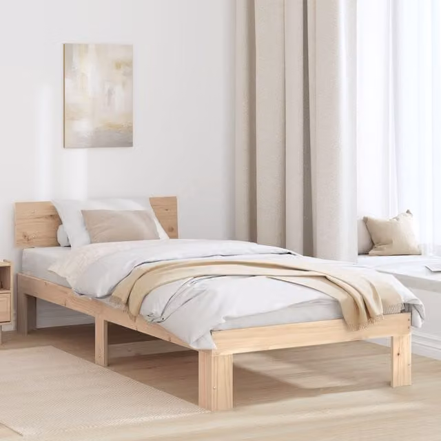 Berkfield Home Solid Pine Wood Bed Frame with Headboard, Beige, W/D/H: 90 x 190 cm – 1