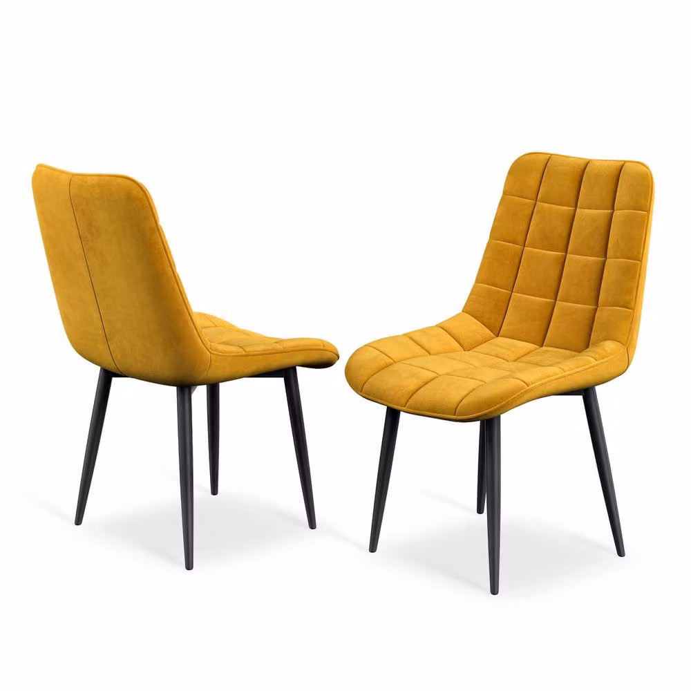 More4Homes Arlo Round White Marble Dining Table with Black Legs and 4 Mustard Nova Velvet Dining Chairs – 2
